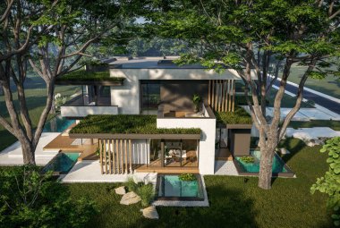 Otoparkı ve havuzu satılık ya da kiralık iki katlı evin beton cepheli ve arka planda güzel bir peyzajı var. Mavi gökyüzü açık güneşli bir yaz günü.