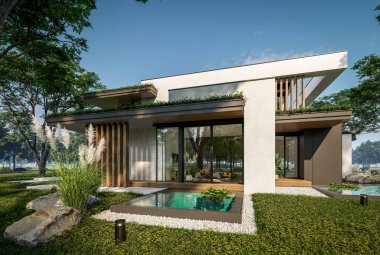 Otoparkı ve havuzu satılık ya da kiralık iki katlı evin beton cepheli ve arka planda güzel bir peyzajı var. Mavi gökyüzü açık güneşli bir yaz günü.