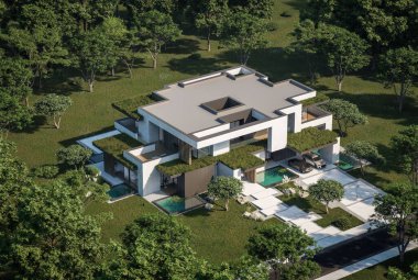 Otoparkı ve havuzu satılık ya da kiralık iki katlı evin beton cepheli ve arka planda güzel bir peyzajı var. Mavi gökyüzü açık güneşli bir yaz günü.