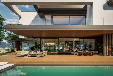 Otoparkı ve havuzu satılık ya da kiralık iki katlı evin beton cepheli ve arka planda güzel bir peyzajı var. Mavi gökyüzü açık güneşli bir yaz günü.