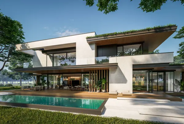 Otoparkı ve havuzu satılık ya da kiralık iki katlı evin beton cepheli ve arka planda güzel bir peyzajı var. Mavi gökyüzü açık güneşli bir yaz günü.