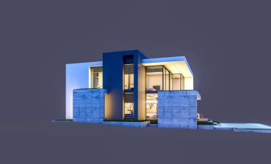 Otoparkı ve havuzu satılık ya da kiralık, beton cepheli ve arka planda güzel peyzajlı üç boyutlu çatı evi. Gece karanlığında izole