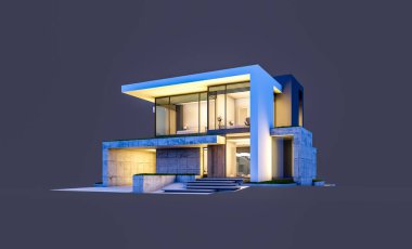 Otoparkı ve havuzu satılık ya da kiralık, beton cepheli ve arka planda güzel peyzajlı üç boyutlu çatı evi. Gece karanlığında izole