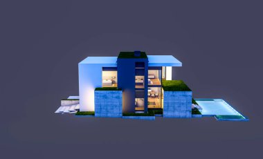 Otoparkı ve havuzu satılık ya da kiralık, beton cepheli ve arka planda güzel peyzajlı üç boyutlu çatı evi. Gece karanlığında izole