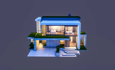 Otoparkı ve havuzu satılık ya da kiralık, beton cepheli ve arka planda güzel peyzajlı üç boyutlu çatı evi. Gece karanlığında izole