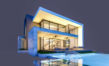 Otoparkı ve havuzu satılık ya da kiralık, beton cepheli ve arka planda güzel peyzajlı üç boyutlu çatı evi. Gece karanlığında izole