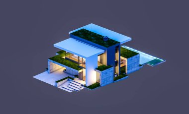 Otoparkı ve havuzu satılık ya da kiralık, beton cepheli ve arka planda güzel peyzajlı üç boyutlu çatı evi. Gece karanlığında izole