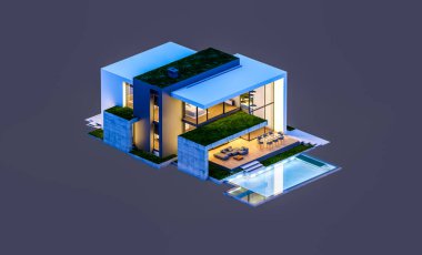 Otoparkı ve havuzu satılık ya da kiralık, beton cepheli ve arka planda güzel peyzajlı üç boyutlu çatı evi. Gece karanlığında izole