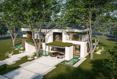 Otoparkı ve havuzu satılık ya da kiralık iki katlı evin beton cepheli ve arka planda güzel bir peyzajı var. Mavi gökyüzü açık güneşli bir yaz günü.