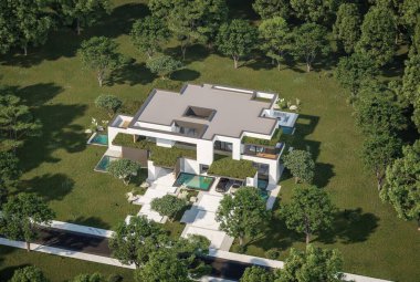 Otoparkı ve havuzu satılık ya da kiralık iki katlı evin beton cepheli ve arka planda güzel bir peyzajı var. Mavi gökyüzü açık güneşli bir yaz günü.