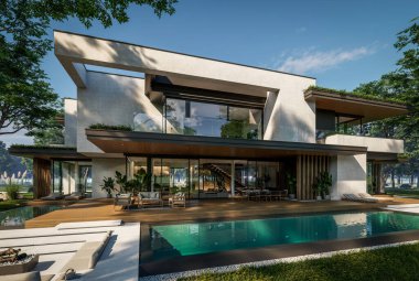 Otoparkı ve havuzu satılık ya da kiralık iki katlı evin beton cepheli ve arka planda güzel bir peyzajı var. Mavi gökyüzü açık güneşli bir yaz günü.