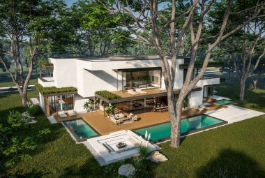 Otoparkı ve havuzu satılık ya da kiralık iki katlı evin beton cepheli ve arka planda güzel bir peyzajı var. Mavi gökyüzü açık güneşli bir yaz günü.