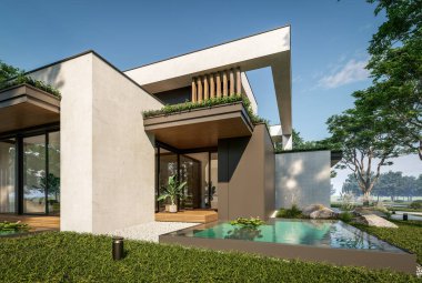 Otoparkı ve havuzu satılık ya da kiralık iki katlı evin beton cepheli ve arka planda güzel bir peyzajı var. Mavi gökyüzü açık güneşli bir yaz günü.