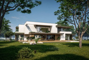 Otoparkı ve havuzu satılık ya da kiralık iki katlı evin beton cepheli ve arka planda güzel bir peyzajı var. Mavi gökyüzü açık güneşli bir yaz günü.