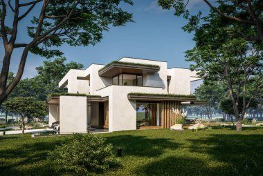 Otoparkı ve havuzu satılık ya da kiralık iki katlı evin beton cepheli ve arka planda güzel bir peyzajı var. Mavi gökyüzü açık güneşli bir yaz günü.