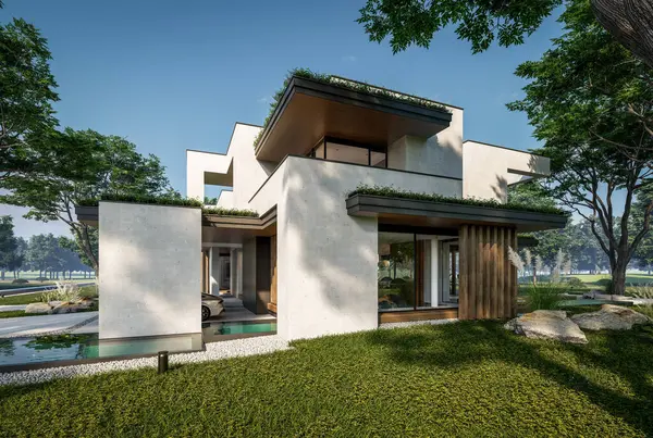 Otoparkı ve havuzu satılık ya da kiralık iki katlı evin beton cepheli ve arka planda güzel bir peyzajı var. Mavi gökyüzü açık güneşli bir yaz günü.