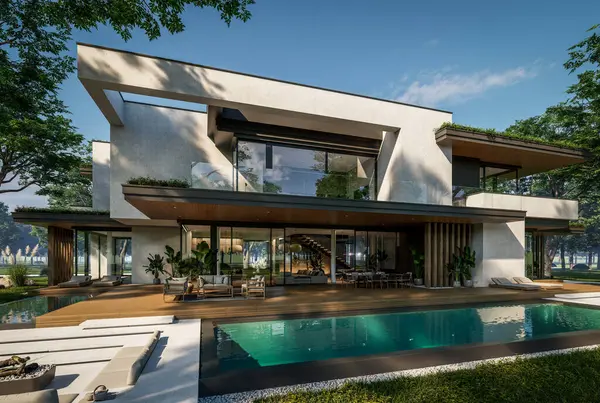 Otoparkı ve havuzu satılık ya da kiralık iki katlı evin beton cepheli ve arka planda güzel bir peyzajı var. Mavi gökyüzü açık güneşli bir yaz günü.