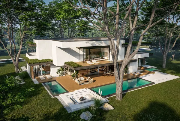 Otoparkı ve havuzu satılık ya da kiralık iki katlı evin beton cepheli ve arka planda güzel bir peyzajı var. Mavi gökyüzü açık güneşli bir yaz günü.