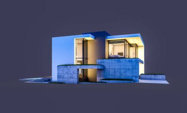 Otoparkı ve havuzu satılık ya da kiralık, beton cepheli ve arka planda güzel peyzajlı üç boyutlu çatı evi. Gece karanlığında izole