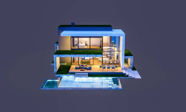 Otoparkı ve havuzu satılık ya da kiralık, beton cepheli ve arka planda güzel peyzajlı üç boyutlu çatı evi. Gece karanlığında izole