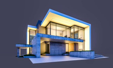 Otoparkı ve havuzu satılık ya da kiralık, beton cepheli ve arka planda güzel peyzajlı üç boyutlu çatı evi. Gece karanlığında izole