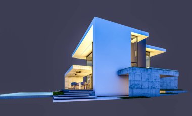 Otoparkı ve havuzu satılık ya da kiralık, beton cepheli ve arka planda güzel peyzajlı üç boyutlu çatı evi. Gece karanlığında izole