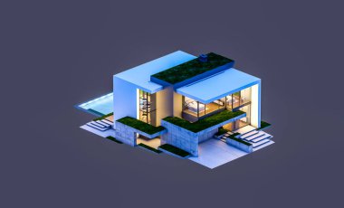 Otoparkı ve havuzu satılık ya da kiralık, beton cepheli ve arka planda güzel peyzajlı üç boyutlu çatı evi. Gece karanlığında izole