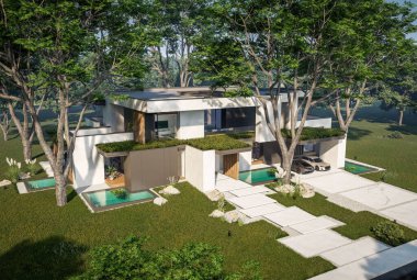 Otoparkı ve havuzu satılık ya da kiralık iki katlı evin beton cepheli ve arka planda güzel bir peyzajı var. Mavi gökyüzü açık güneşli bir yaz günü.