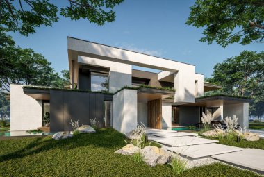 Otoparkı ve havuzu satılık ya da kiralık iki katlı evin beton cepheli ve arka planda güzel bir peyzajı var. Mavi gökyüzü açık güneşli bir yaz günü.