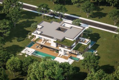 Otoparkı ve havuzu satılık ya da kiralık iki katlı evin beton cepheli ve arka planda güzel bir peyzajı var. Mavi gökyüzü açık güneşli bir yaz günü.