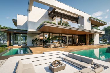 Otoparkı ve havuzu satılık ya da kiralık iki katlı evin beton cepheli ve arka planda güzel bir peyzajı var. Mavi gökyüzü açık güneşli bir yaz günü.