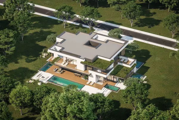 Otoparkı ve havuzu satılık ya da kiralık iki katlı evin beton cepheli ve arka planda güzel bir peyzajı var. Mavi gökyüzü açık güneşli bir yaz günü.