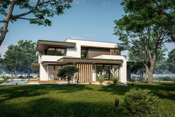 Otoparkı ve havuzu satılık ya da kiralık iki katlı evin beton cepheli ve arka planda güzel bir peyzajı var. Mavi gökyüzü açık güneşli bir yaz günü.