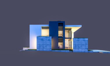 Otoparkı ve havuzu satılık ya da kiralık, beton cepheli ve arka planda güzel peyzajlı üç boyutlu çatı evi. Gece karanlığında izole