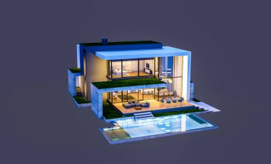 Otoparkı ve havuzu satılık ya da kiralık, beton cepheli ve arka planda güzel peyzajlı üç boyutlu çatı evi. Gece karanlığında izole