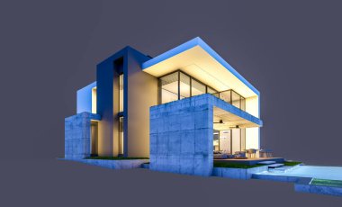 Otoparkı ve havuzu satılık ya da kiralık, beton cepheli ve arka planda güzel peyzajlı üç boyutlu çatı evi. Gece karanlığında izole