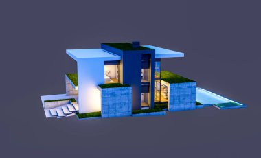 Otoparkı ve havuzu satılık ya da kiralık, beton cepheli ve arka planda güzel peyzajlı üç boyutlu çatı evi. Gece karanlığında izole