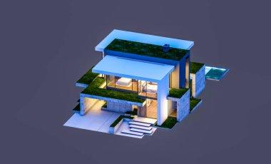 Otoparkı ve havuzu satılık ya da kiralık, beton cepheli ve arka planda güzel peyzajlı üç boyutlu çatı evi. Gece karanlığında izole