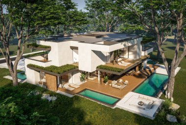 Otoparkı ve havuzu satılık ya da kiralık iki katlı evin beton cepheli ve arka planda güzel bir peyzajı var. Mavi gökyüzü açık güneşli bir yaz günü.