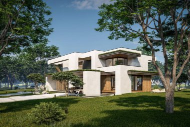 Otoparkı ve havuzu satılık ya da kiralık iki katlı evin beton cepheli ve arka planda güzel bir peyzajı var. Mavi gökyüzü açık güneşli bir yaz günü.