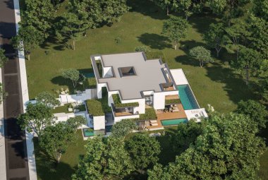 Otoparkı ve havuzu satılık ya da kiralık iki katlı evin beton cepheli ve arka planda güzel bir peyzajı var. Mavi gökyüzü açık güneşli bir yaz günü.