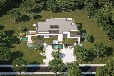 Otoparkı ve havuzu satılık ya da kiralık iki katlı evin beton cepheli ve arka planda güzel bir peyzajı var. Mavi gökyüzü açık güneşli bir yaz günü.