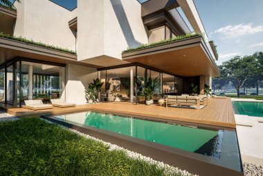 Otoparkı ve havuzu satılık ya da kiralık iki katlı evin beton cepheli ve arka planda güzel bir peyzajı var. Mavi gökyüzü açık güneşli bir yaz günü.