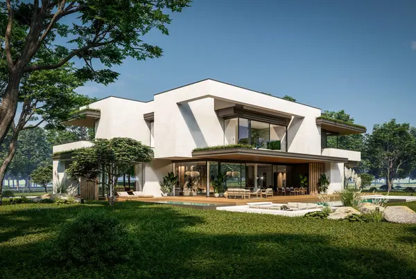 Otoparkı ve havuzu satılık ya da kiralık iki katlı evin beton cepheli ve arka planda güzel bir peyzajı var. Mavi gökyüzü açık güneşli bir yaz günü.