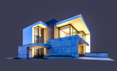 Otoparkı ve havuzu satılık ya da kiralık, beton cepheli ve arka planda güzel peyzajlı üç boyutlu çatı evi. Gece karanlığında izole