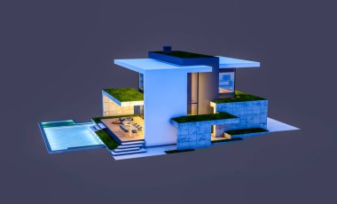 Otoparkı ve havuzu satılık ya da kiralık, beton cepheli ve arka planda güzel peyzajlı üç boyutlu çatı evi. Gece karanlığında izole