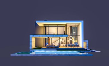 Otoparkı ve havuzu satılık ya da kiralık, beton cepheli ve arka planda güzel peyzajlı üç boyutlu çatı evi. Gece karanlığında izole