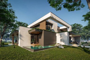 Otoparkı ve havuzu satılık ya da kiralık iki katlı evin beton cepheli ve arka planda güzel bir peyzajı var. Mavi gökyüzü açık güneşli bir yaz günü.