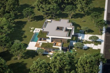 Otoparkı ve havuzu satılık ya da kiralık iki katlı evin beton cepheli ve arka planda güzel bir peyzajı var. Mavi gökyüzü açık güneşli bir yaz günü.