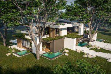 Otoparkı ve havuzu satılık ya da kiralık iki katlı evin beton cepheli ve arka planda güzel bir peyzajı var. Mavi gökyüzü açık güneşli bir yaz günü.